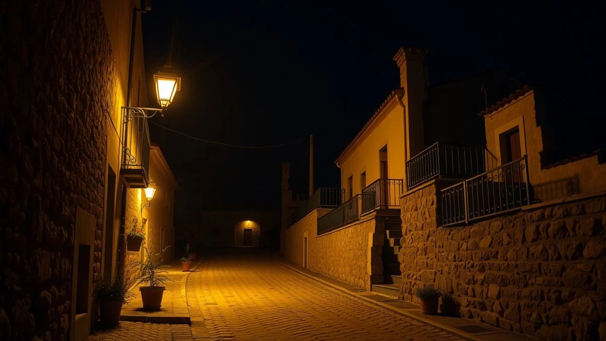 Calle rural nocturna con farola y escaparate de tienda en un pueblo de Tierra de Campos