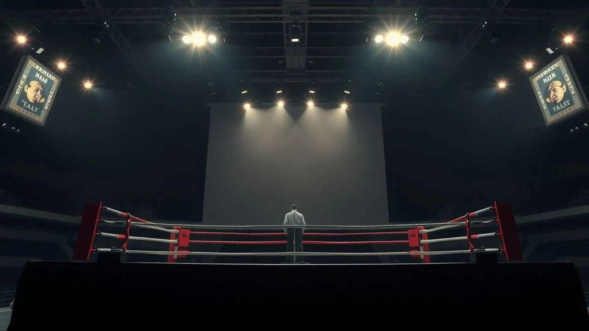 Imagen ilustrativa: un ring de boxeo vacío iluminado por focos en un pabellón deportivo, con un micrófono en el centro.