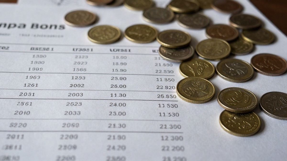 Illustrative image: financial documents on interest rates with coins, concept of financial planning.
