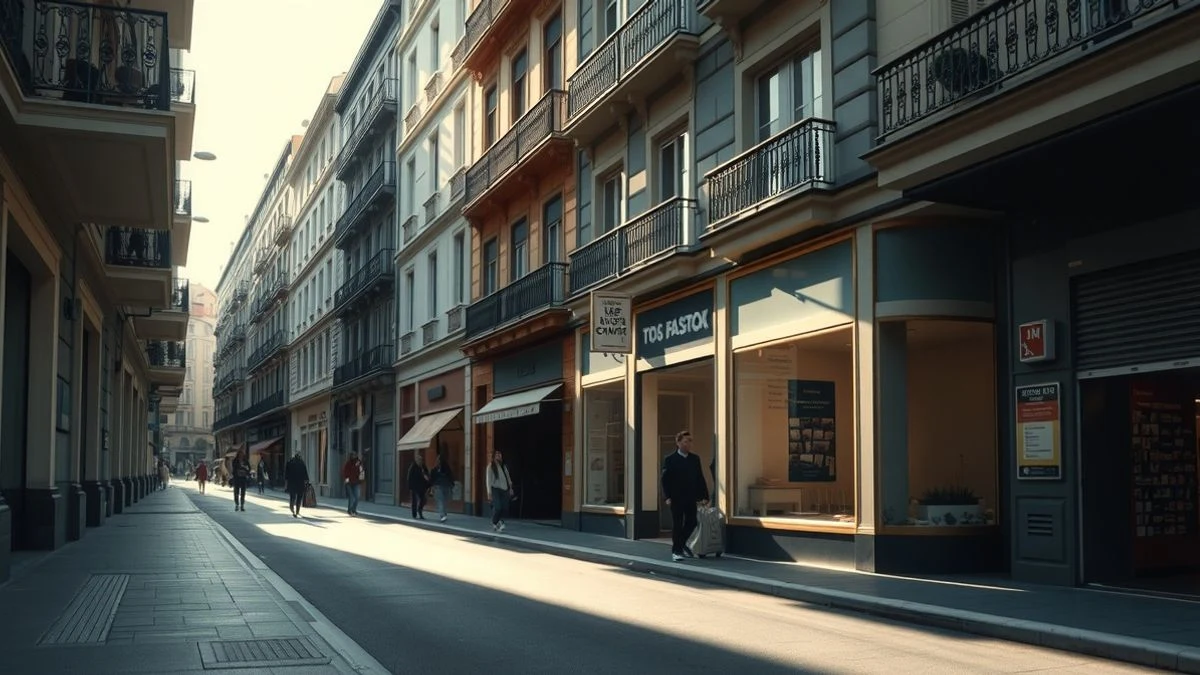 Imagen ilustrativa: una calle comercial con tiendas y algunos viandantes, con locales vacíos visibles, luz de atardecer.