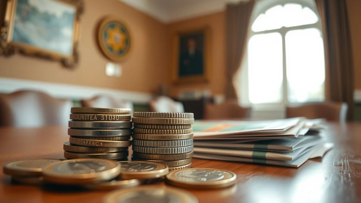 Imagen ilustrativa: primer plano de billetes y monedas de euro sobre una mesa de madera, con un fondo desenfocado de una sala de reuniones institucional.