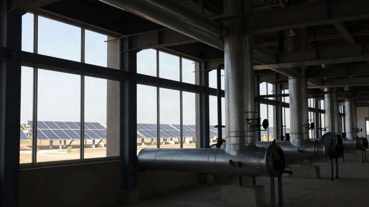 Imagen ilustrativa: interior de una planta industrial de energía renovable en construcción con luz lateral