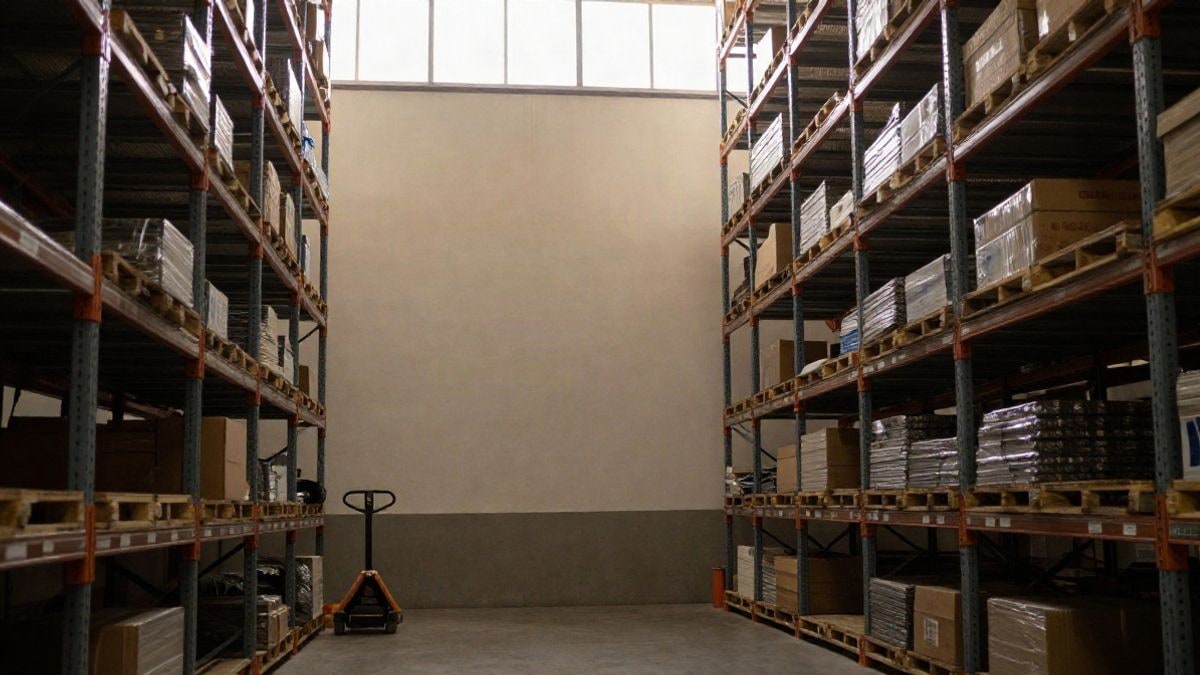 Illustrative image: corridor of an empty warehouse with metal shelves and a pallet truck in the background
