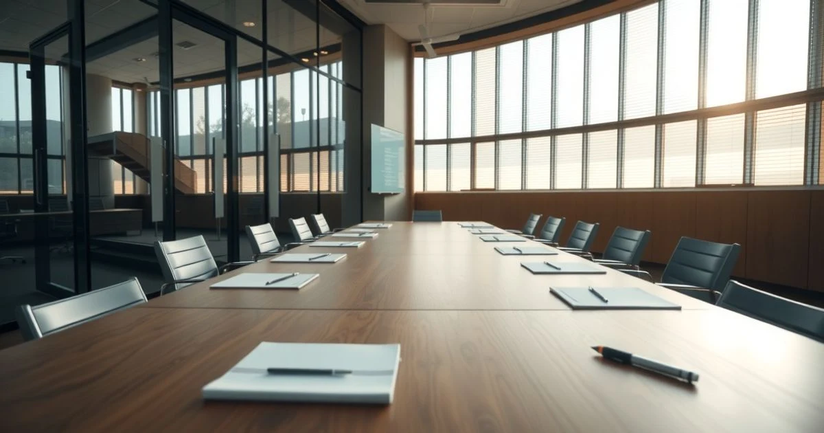 Sala de reuniones vacía en un edificio institucional europeo con luz natural y documentos sobre la mesa