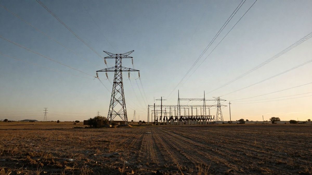 Illustrative image: high voltage towers and power lines converging towards a substation at sunset
