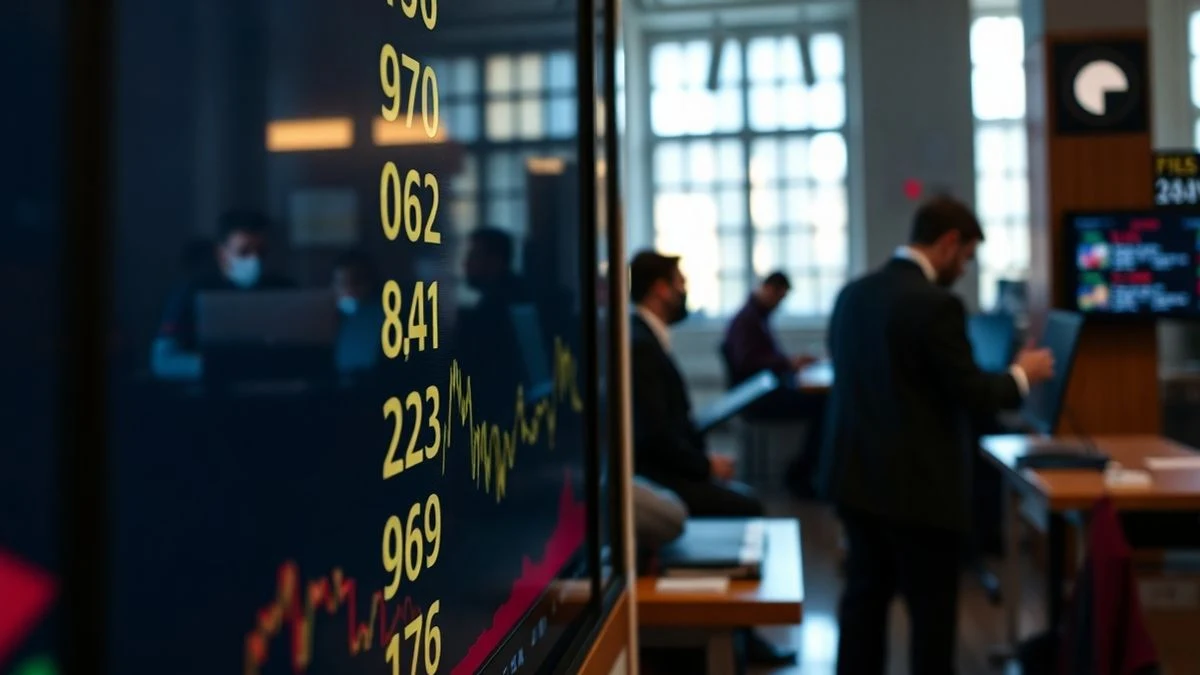 Pantalla de cotizaciones bursátiles europeas con valores en rojo y verde, fondo desenfocado de sala de trading