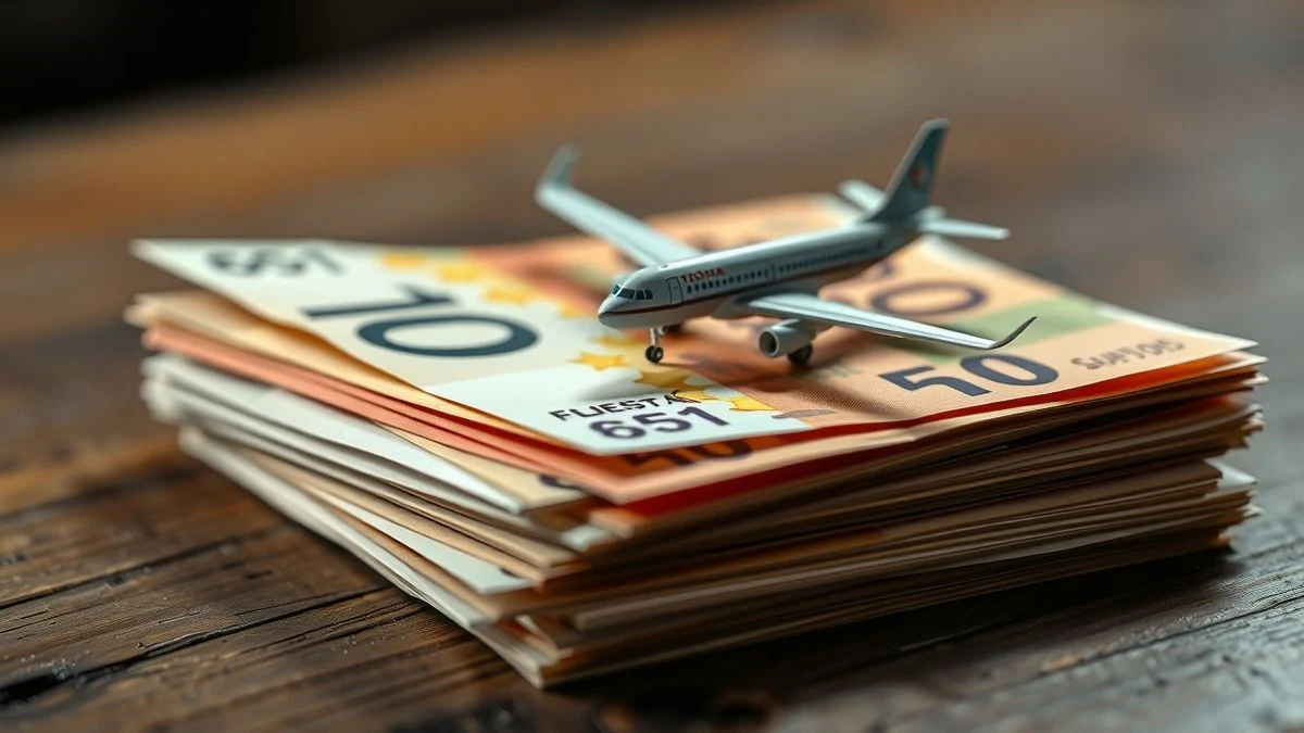 Manojo de billetes de euro con una maqueta de avión encima, fondo desenfocado