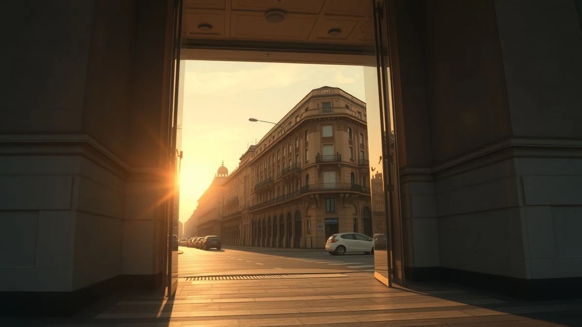 Fachada del Tesoro Público español con luz de atardecer y líneas de perspectiva convergentes
