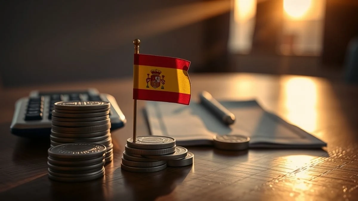 Monedas y calculadora sobre una mesa de madera con un documento oficial, iluminados por un atardecer con sombras largas