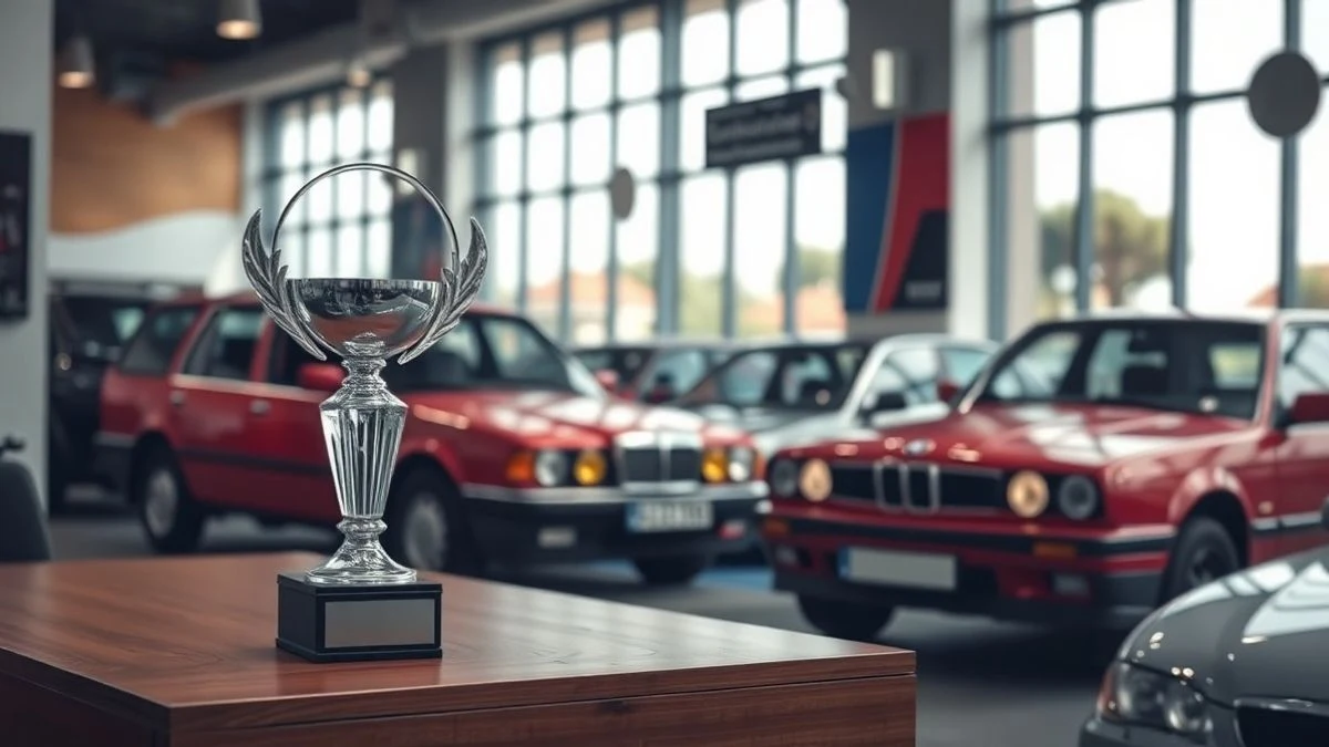 Trofeo sobre una mesa de madera en un concesionario de coches con fondo desenfocado
