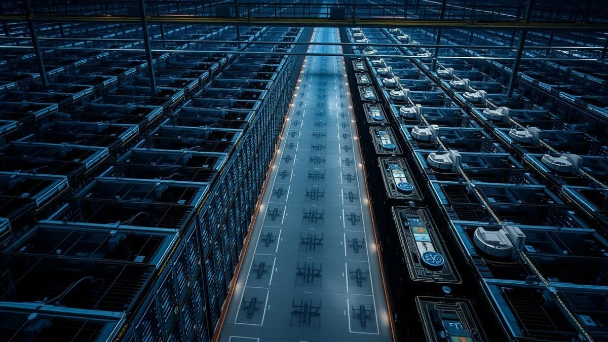 Imagen ilustrativa: vista cenital de un gran centro de datos con servidores y torres de refrigeración iluminados en azul.