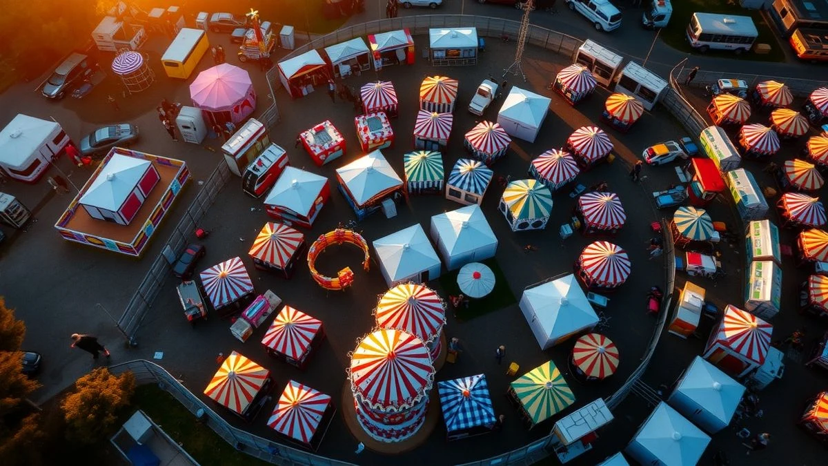 Imagen ilustrativa: vista cenital de un recinto ferial vacío con casetas y atracciones de colores al atardecer