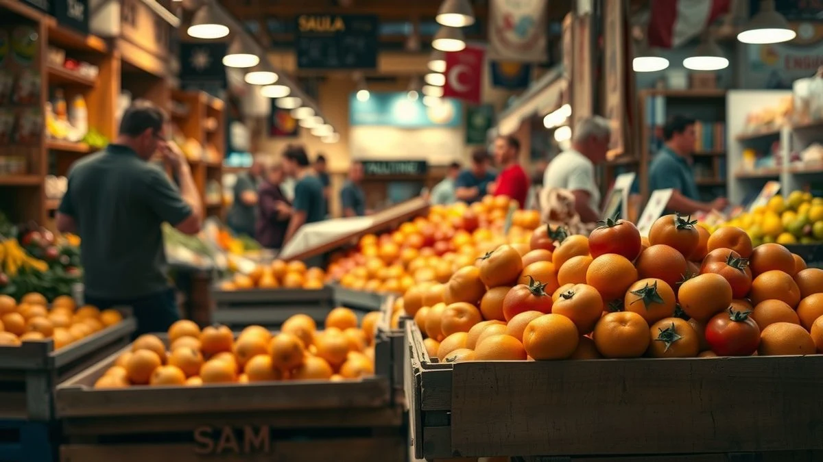 Interior del Mercado de San Sebastián con productos frescos en primer plano y clientes al fondo desenfocados