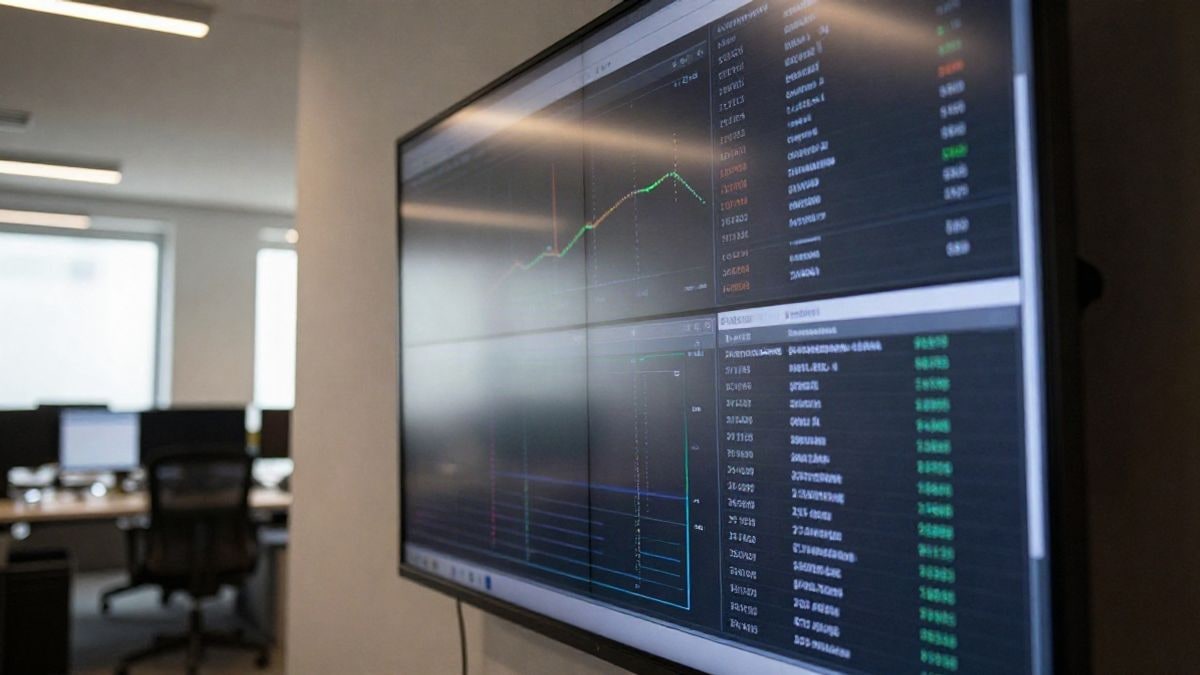 Imagen ilustrativa: un espacio de oficina moderna con un diseño elegante y una pantalla digital que muestra análisis de datos, representando un entorno tecnológico.