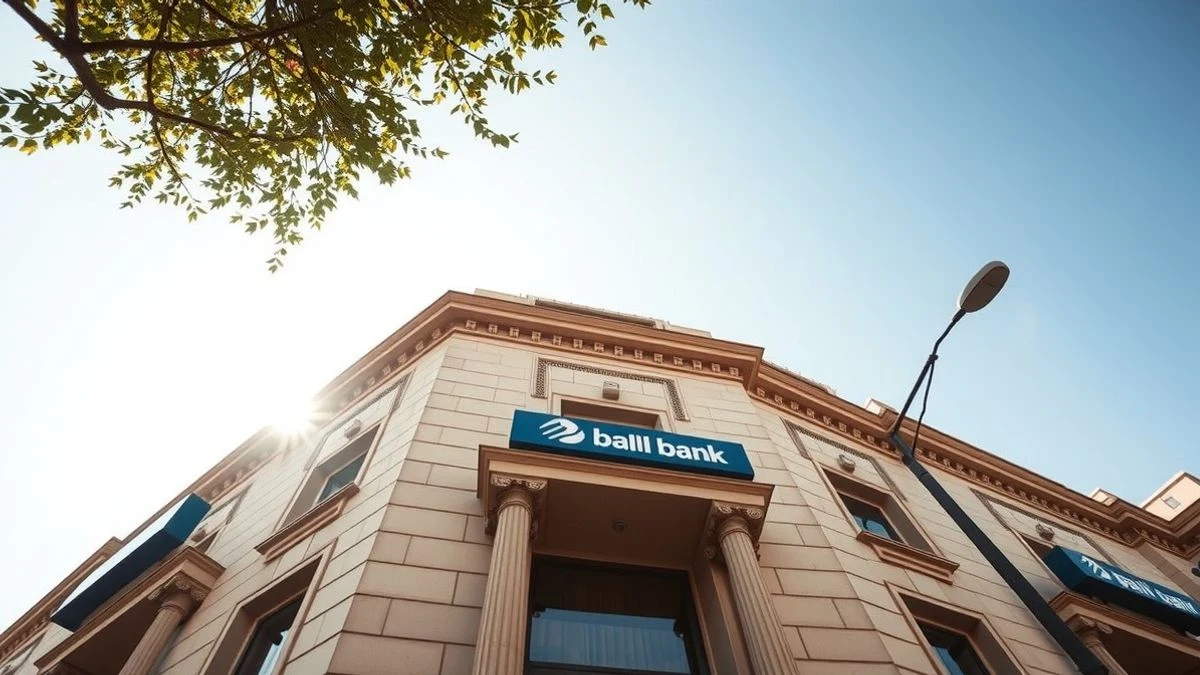 Fachada de un banco desde ángulo bajo con cielo de fondo