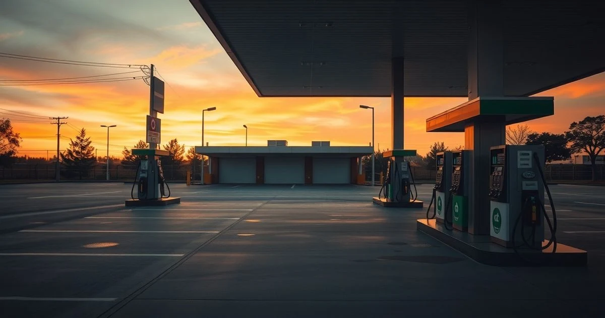 Estación de servicio vacía al atardecer con surtidores y edificio de oficinas cerrado al fondo