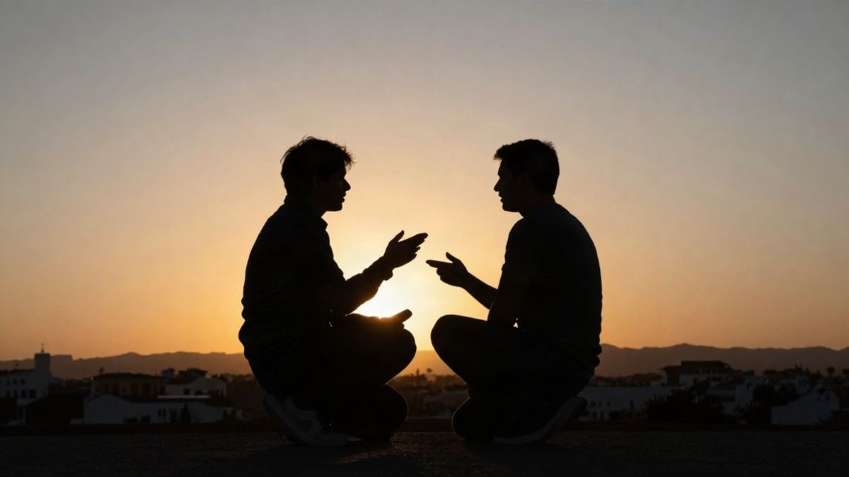 Imagen ilustrativa: siluetas de jóvenes discutiendo opciones de inversión al atardecer, con luz dramática y sombras largas.