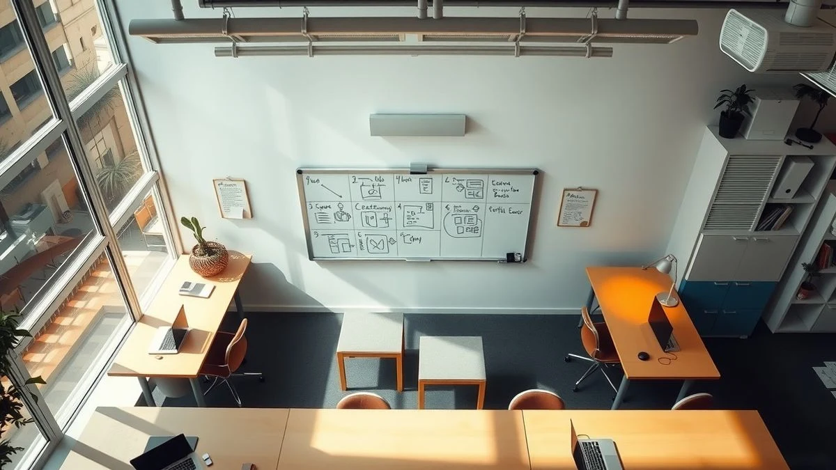 Imagen ilustrativa: vista cenital de un espacio de coworking moderno con pizarras llenas de notas adhesivas y mesas con ordenadores.