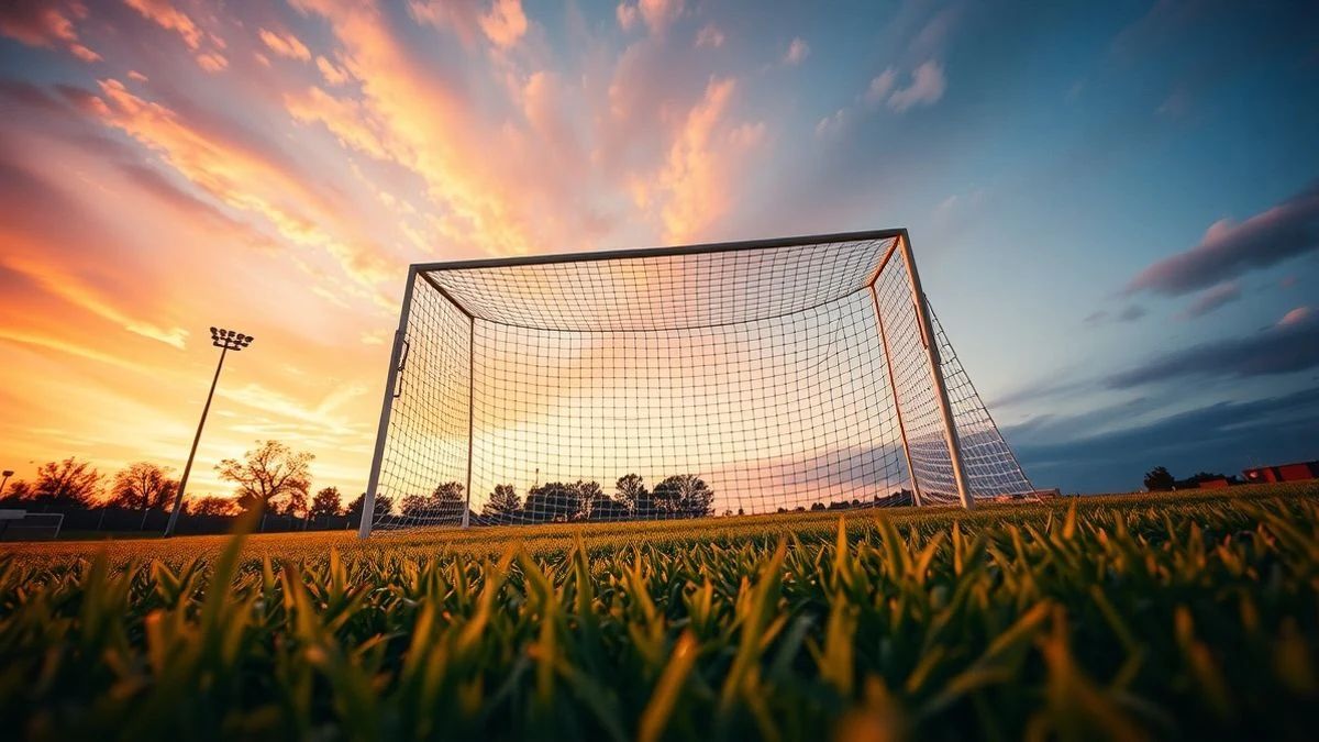 Ángulo bajo de una portería de fútbol con red y cielo de fondo al atardecer.
