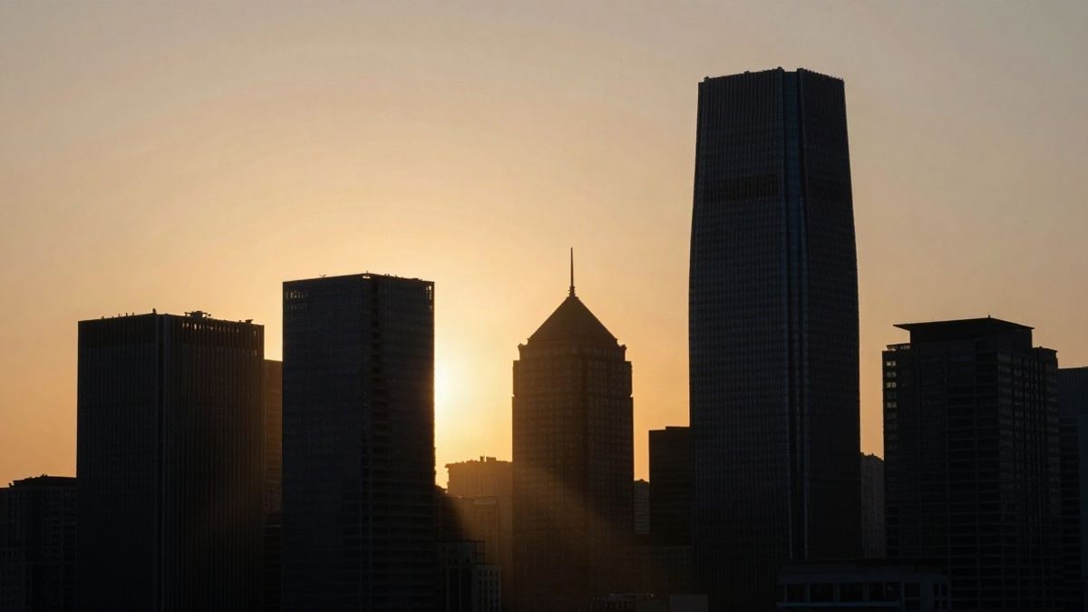Illustrative image: silhouettes of financial buildings at sunset with long shadows and dramatic light