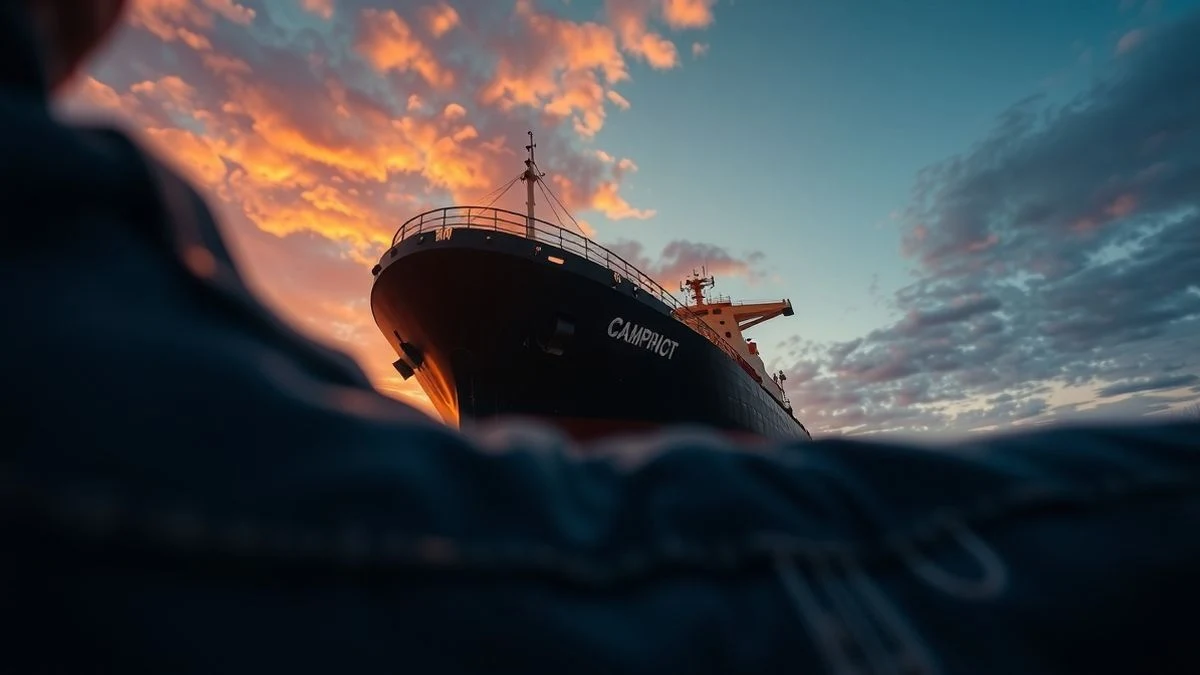 Petrolero visto desde el agua con el cielo de fondo al atardecer