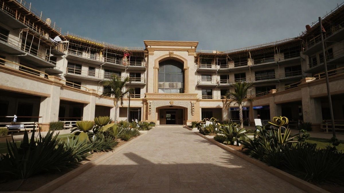 Illustrative image: wide view of a luxury resort complex under construction, featuring architectural elements and paths, with no identifiable people or buildings.