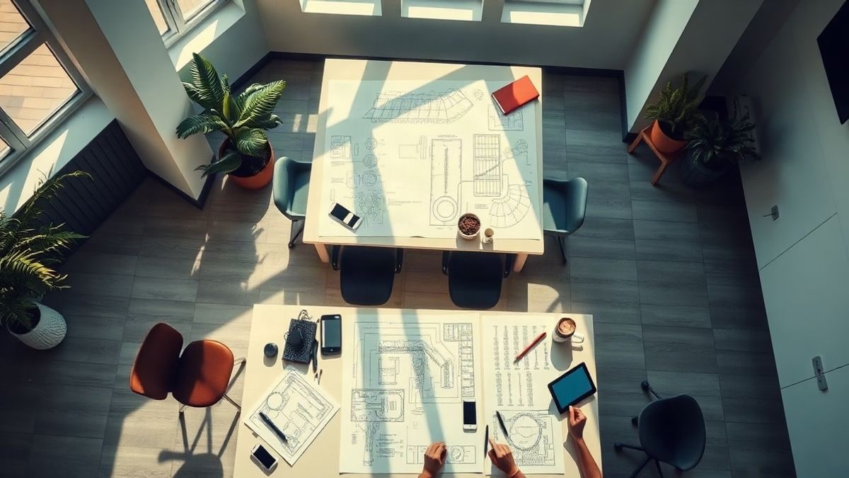 Imagen ilustrativa: vista cenital de un espacio de trabajo de ingeniería con planos y dispositivos digitales sobre una mesa
