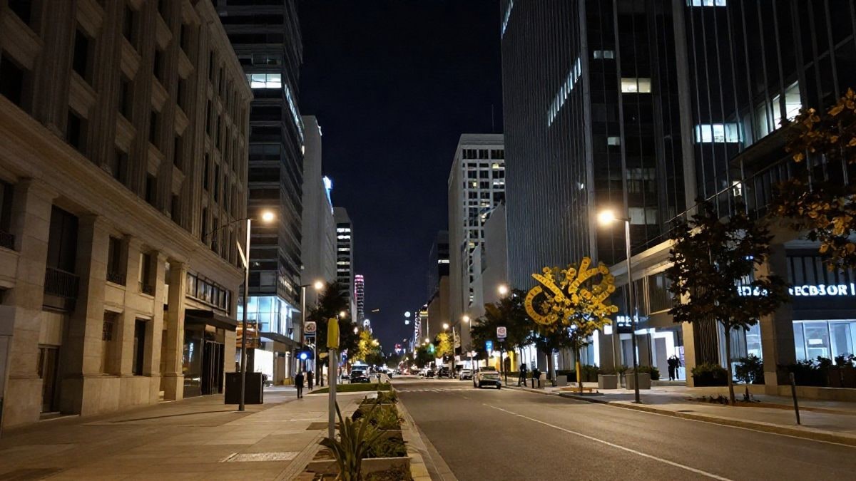 Imagen ilustrativa: vista de un distrito financiero vacío de noche, con símbolos financieros abstractos y calles desiertas.