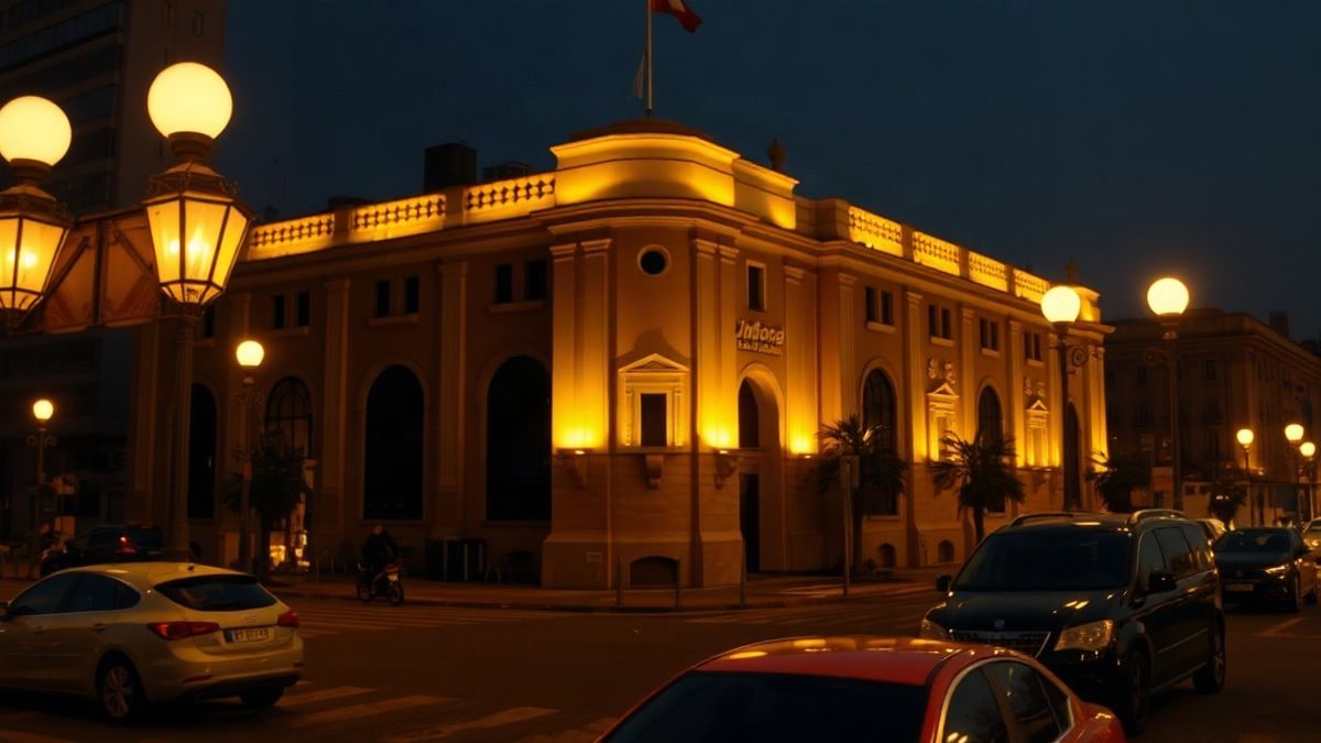 Illustrative image: a gathering of people in a square at dusk, with small flags and a generic municipal building in the background.