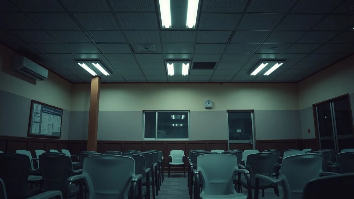 Imagen ilustrativa: sala de espera vacía de una oficina de empleo iluminada con luz fluorescente, con sillas de plástico y un tablón de anuncios al fondo.