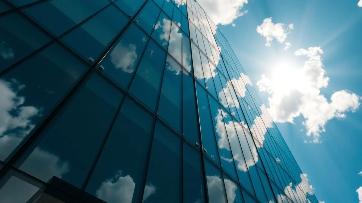 Imagen ilustrativa: edificio de oficinas moderno con fachada de cristal bajo un cielo azul con nubes, tomado desde un ángulo bajo