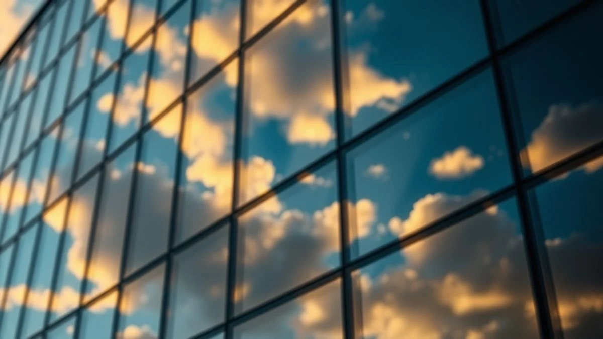 Imagen ilustrativa: fachada de un edificio de oficinas moderno de cristal reflectante al atardecer
