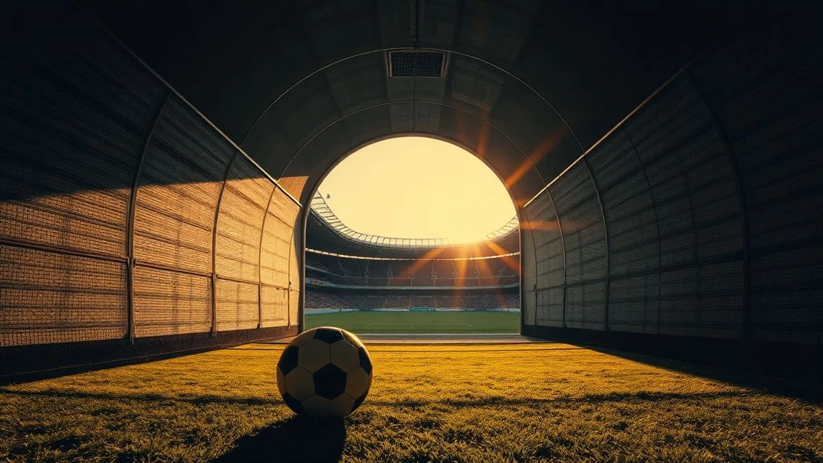 Túnel de estadio con balón de fútbol en el césped al atardecer