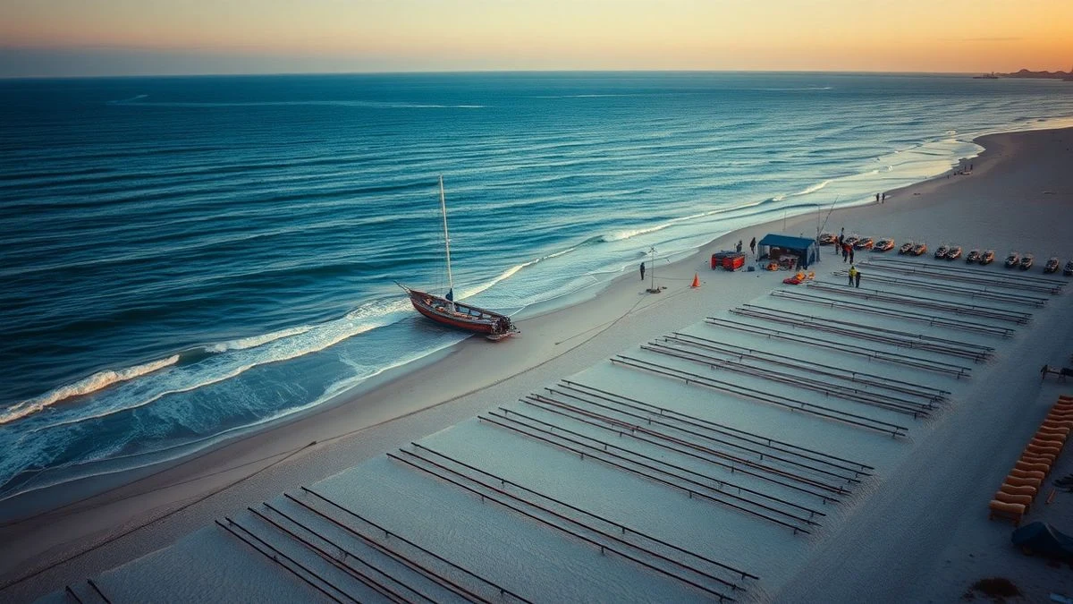 Imagen ilustrativa: vista aérea de la costa con cañas de pescar y carpas en la playa al amanecer