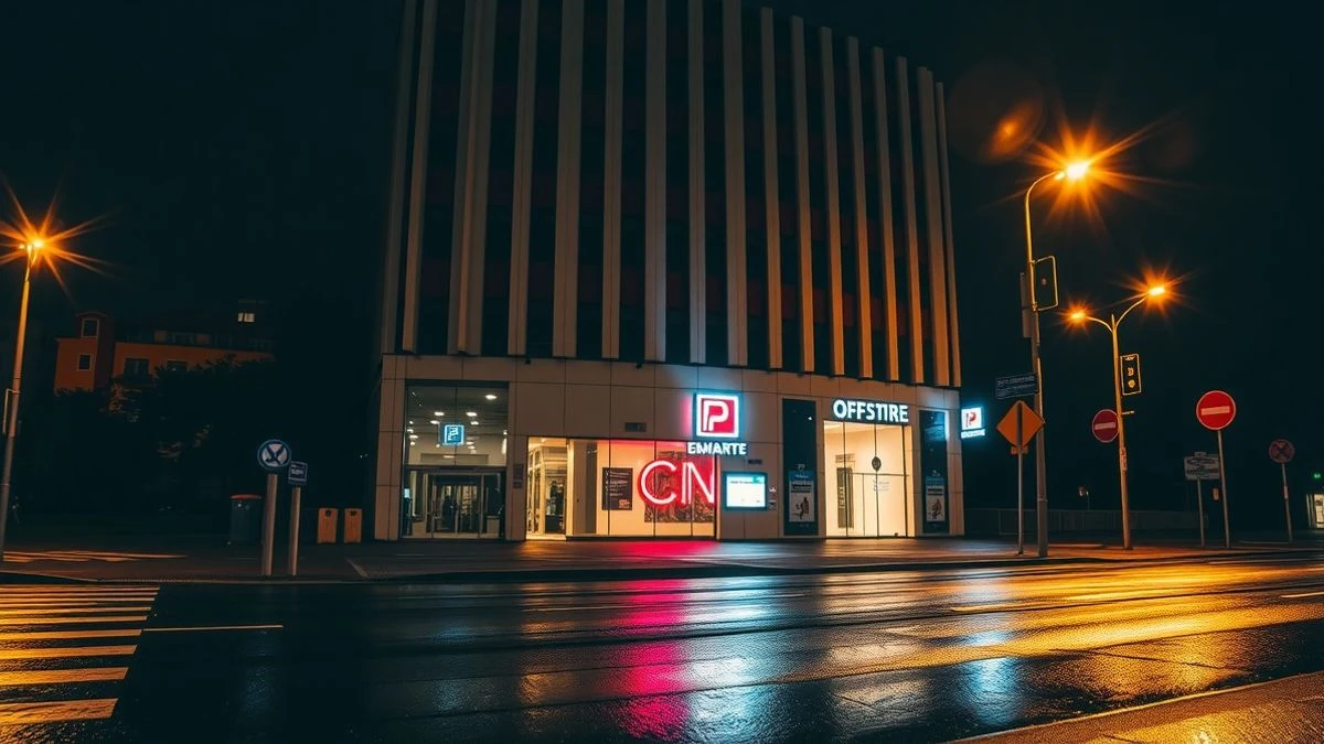 Imagen ilustrativa: fachada de un edificio de oficinas iluminado por farolas y neones por la noche