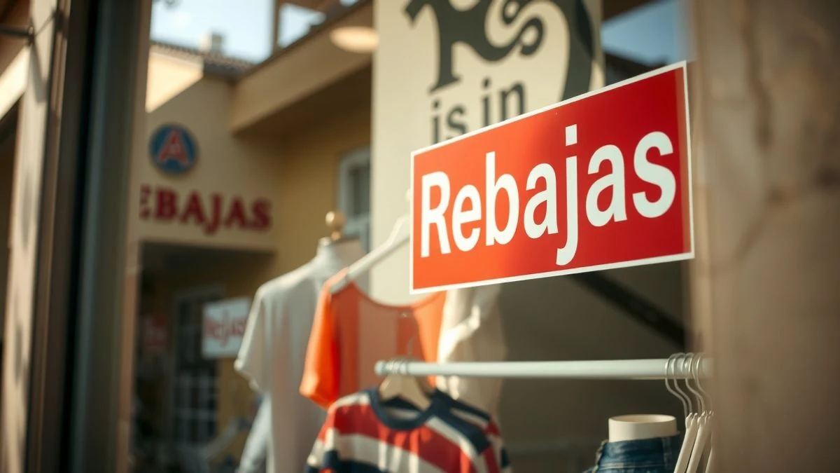 Escaparate de una tienda de ropa con un cartel de rebajas semidesenfocado al fondo