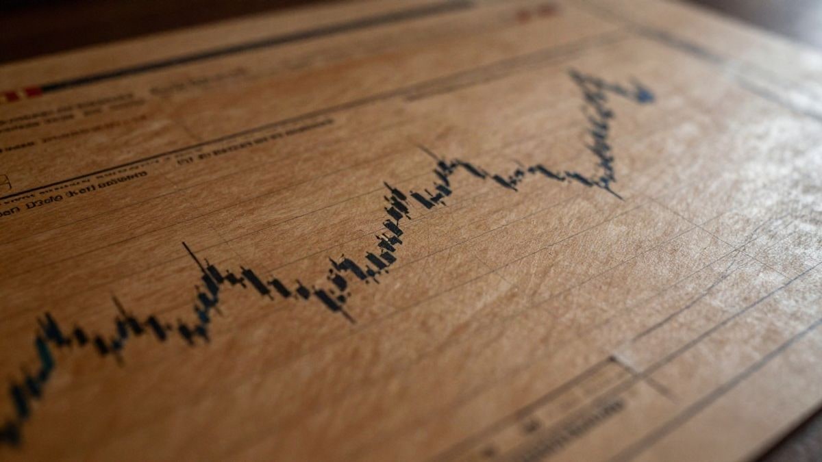 Imagen ilustrativa: gráficos y tablas del mercado financiero sobre fondo de textura de madera.