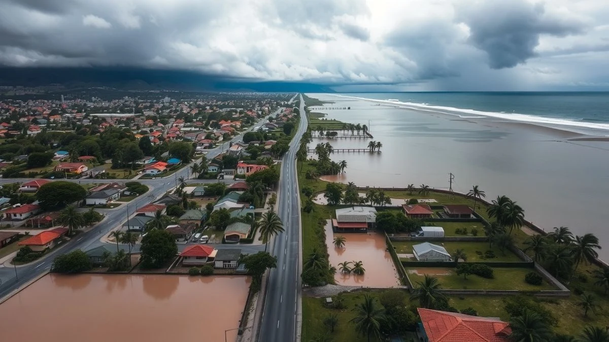 Vista aérea de una localidad costera con calles inundadas y barro, nubes de tormenta en el horizonte.