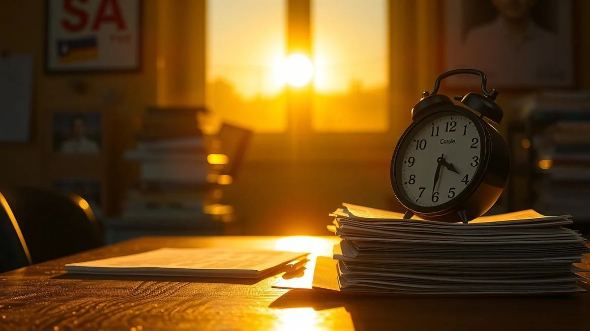 Escritorio con documentos y un reloj detenido, iluminado por el sol del atardecer que proyecta sombras largas.