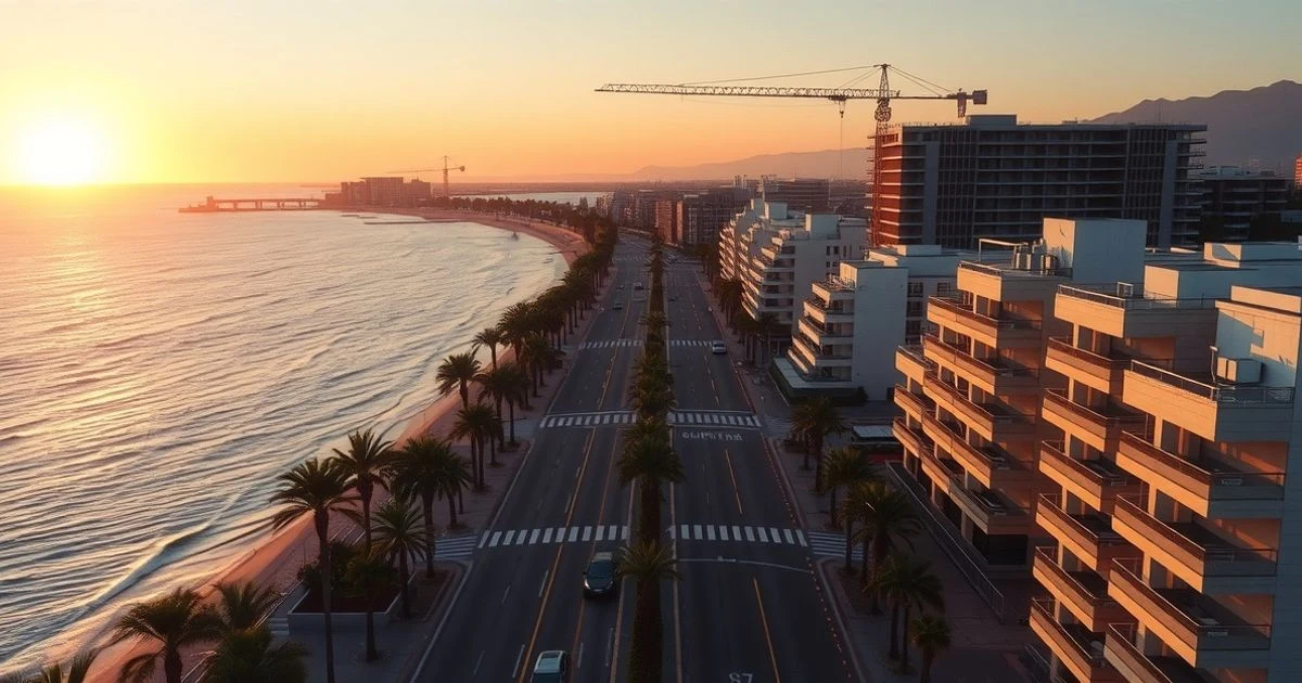 Vista aérea de la costa de Marbella al atardecer con edificios y una grúa de construcción