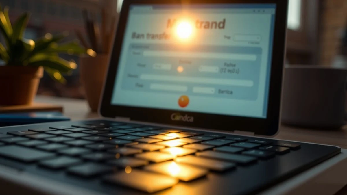 Imagen ilustrativa: un teclado de ordenador con una pantalla borrosa mostrando un formulario de transferencia bancaria al atardecer, con contraluz y sombras largas.
