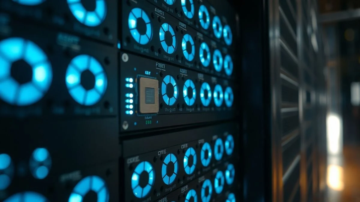 Primer plano de un servidor con luces azules y un chip central