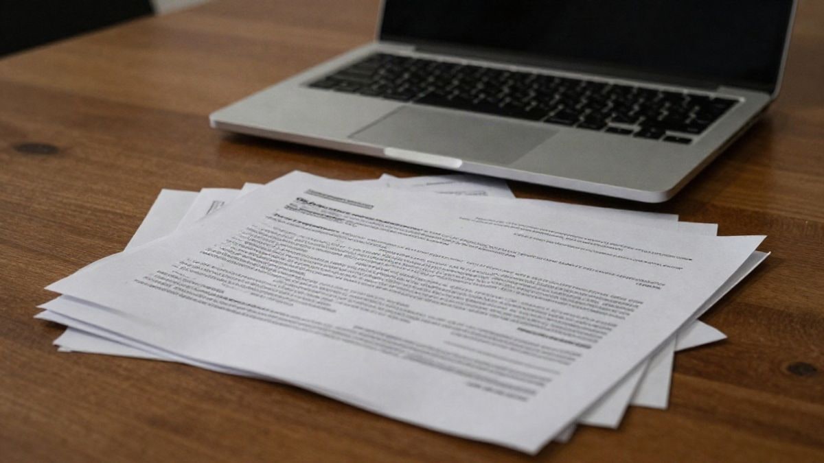 Imagen ilustrativa: detalle de una mesa de trabajo con documentos y un ordenador portátil, relacionada con el mundo de la publicidad.