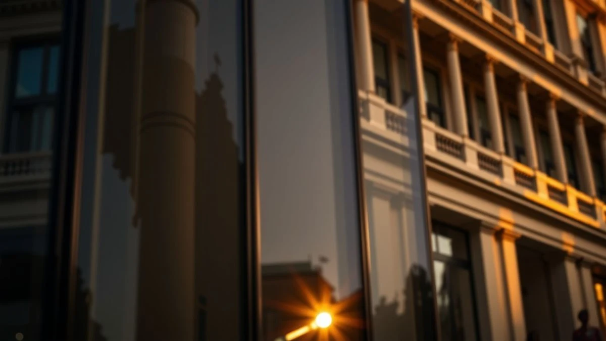 Fachada de la Bolsa de Madrid al atardecer con reflejos de cotizaciones en el cristal