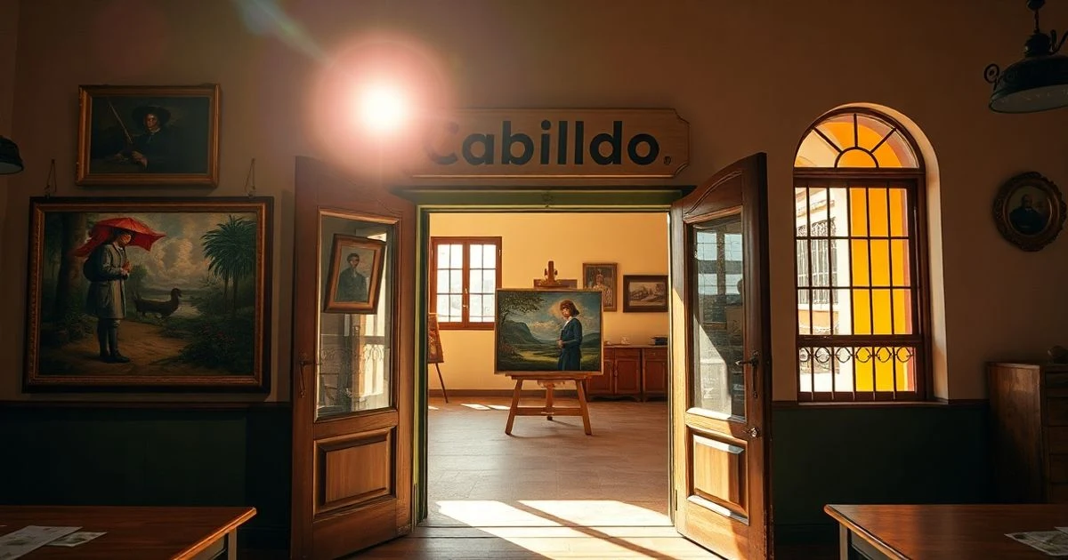 Fachada del Cabildo de Asunción con puerta abierta que deja ver obras de arte en el interior