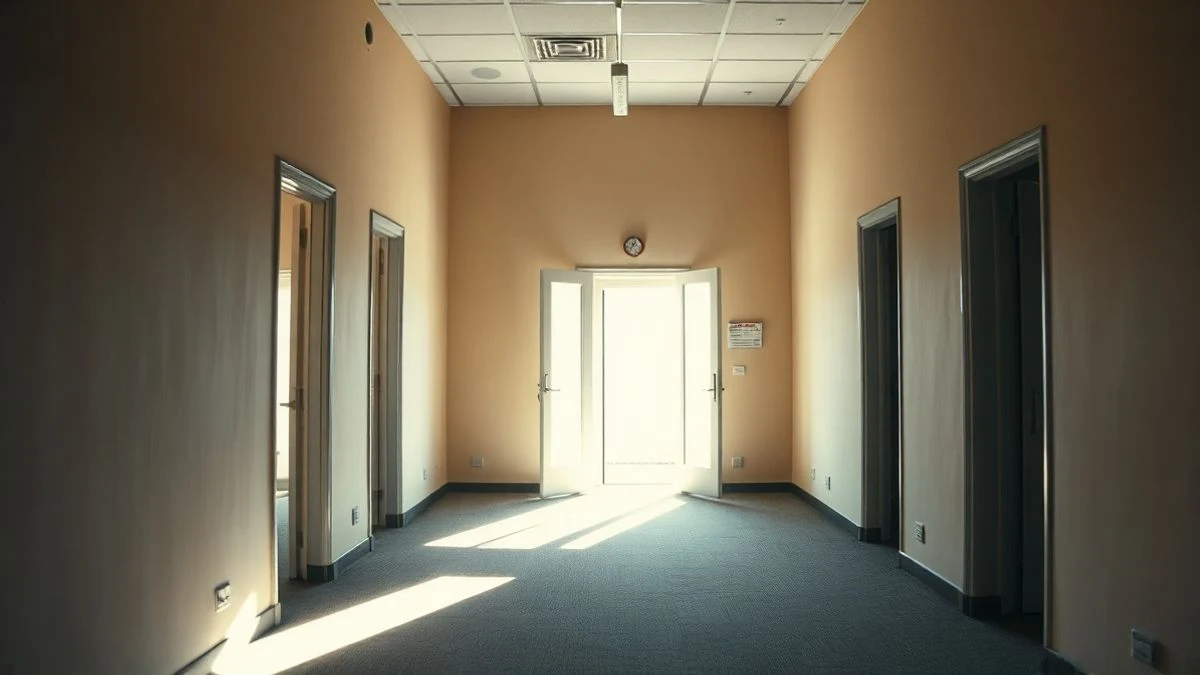 Pasillo de oficina vacío con luz natural y reloj de pared