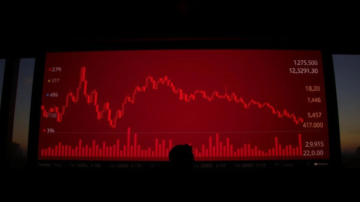 Pantalla de cotizaciones bursátiles al atardecer con sombras largas y gráficos en rojo