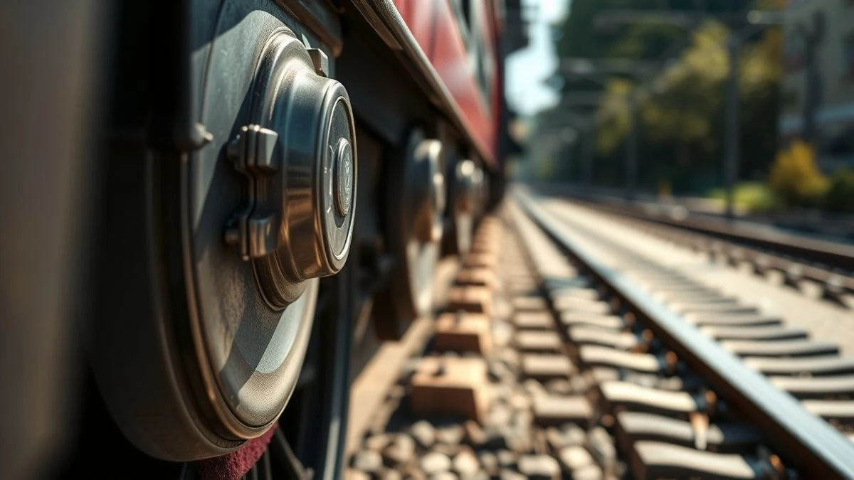 Imagen ilustrativa: primer plano de la rueda de un tren de alta velocidad sobre la vía, con luz dramática y fondo desenfocado