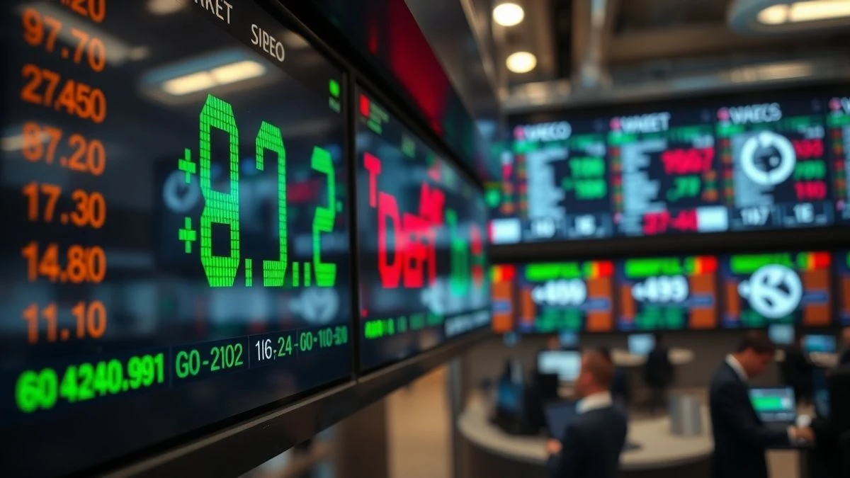 Imagen ilustrativa: panel de cotizaciones bursátiles con nombres de empresas tecnológicas en verde y rojo, fondo de sala de operaciones desenfocado.