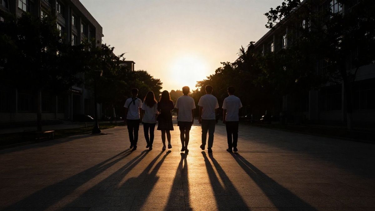 Imagen ilustrativa: siluetas de estudiantes en un campus universitario al atardecer, con sombras largas y luz dramática.